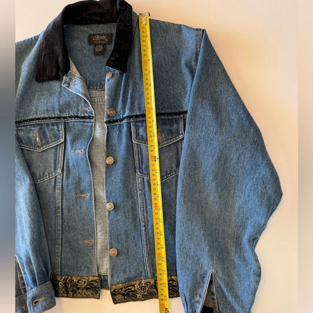 Vintage‎ 90s Western Denim Jacket Women's L Gold Ribbon Velvet Trim